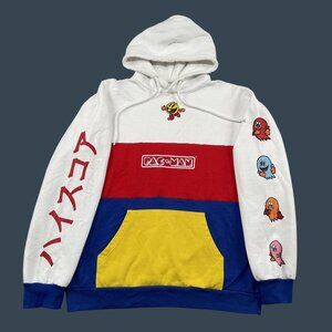 Pac-Man Hoodie Mens Large White Red Blue Atari Pullover w/ Drawstring